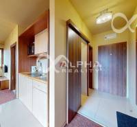 Interior of a 2-room apartment with a kitchenette and a living room with a television.