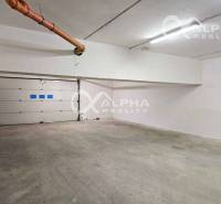 A garage in a 2-room apartment, with a concrete floor and a rolling door.