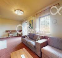 Living room in a two-room apartment with a sofa, dining table, and curtains.