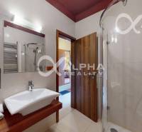 Bathroom interior in a 2-room apartment with a shower and a sink on a wooden decor.
