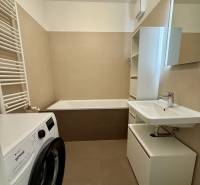 A bathroom with a washing machine and a bathtub in a 2-room apartment, neutral color tones.