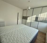 Bedroom with a bed and built-in wardrobe in a 2-room apartment, floor with wooden decor.