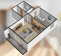 3D floor plan of a 2-room apartment with a living room, kitchenette, and wooden decor flooring.