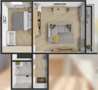 Floor plan of a 2-room apartment with furniture and wooden decor flooring.
