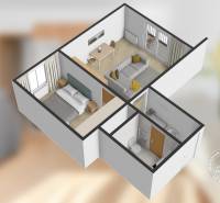 Floor plan of a 2-room apartment with wood-patterned flooring and furniture.