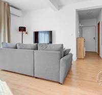A bright living room with wood-patterned flooring and a gray sofa in a two-room apartment.
