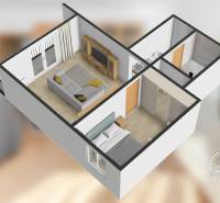 3D floor plan of a 2-room apartment with wood-patterned flooring, showing furniture and rooms.
