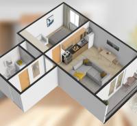 Layout of a 2-room apartment with a kitchen, living room, and balcony. Floor with wooden decor.