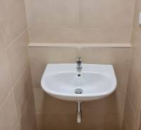 A sink in the bathroom of a studio apartment with tiles in neutral tones.
