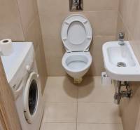 A bathroom in a studio apartment with a toilet, washing machine, and small sink.