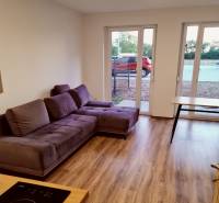 Living space in a studio apartment with a purple sofa and a wooden-patterned floor.