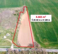 Aerial view of the plot in Ondrejovce, Záhrady, with an area of 4,665 m² marked.