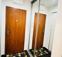 A hallway in a 3-room apartment with doors, a mirrored wardrobe, and a colorful carpet.