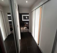 A hallway in a 3-room apartment with a dark floor and built-in wardrobes.