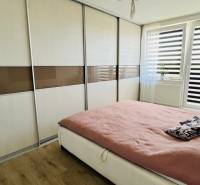 Bedroom with a built-in wardrobe, wood-patterned flooring, and a large window in a 3-room apartment.