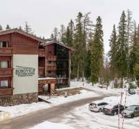 A recreational apartment in Poprad surrounded by a snowy forest and parking space.