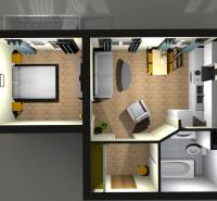 Floor plan of a 2-room apartment with wood-decor flooring, includes a bedroom and a kitchen with a living area.