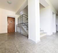 A hallway with a stoneware floor and a staircase in a 2-room apartment.