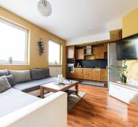 Living room in a 2-room apartment with a kitchenette and a floor with a wooden decor.