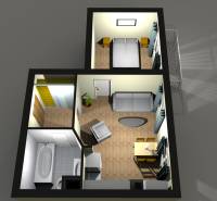 Layout of a 2-room apartment with wood-patterned flooring, a bathroom, and a balcony.