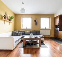 Living room in a two-room apartment with a kitchen and a wooden decor floor.