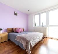 Bedroom in a 2-room apartment with a bed, wardrobe, and wooden decor flooring.