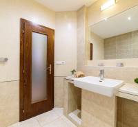 Bathroom in a 2-room apartment with beige tiles and a plant on the shelf.