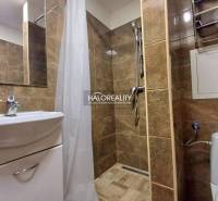 A bathroom with a shower and a sink in a studio apartment, brown tiles.