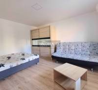 1-bedroom apartment with a bed, sofa, wardrobe, and table. Floor with wooden decor.
