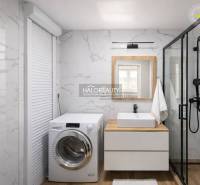 Bathroom with a washing machine, shower, sink, and floor with wood decor in a 4-room apartment.