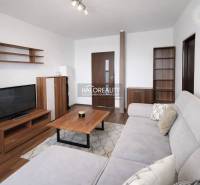 Living room with wood-patterned flooring, a sofa, and a television in a four-room apartment.