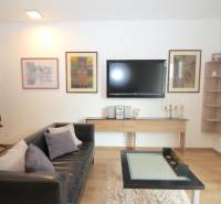 Living room in a studio apartment with a black sofa and wooden floor decor.