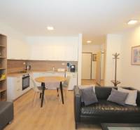 1-bedroom apartment with a kitchen, wooden decor flooring, sofa, and dining table.