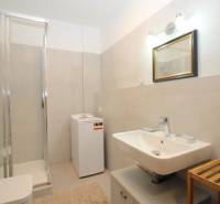 Bathroom with a sink, washing machine, and shower in a studio apartment.