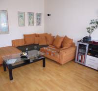 Living room in a two-room apartment with a sofa and a table on a floor with a wooden decor.