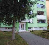 Entrance to an apartment building in Prešov, suitable for a 2-room apartment, green facade.