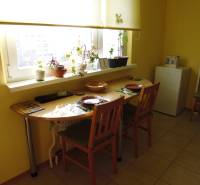 Dining area in a 2-room apartment with a window and plants on the windowsill.