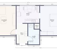 Floor plan of a 2-room apartment with a living room, kitchen, and bedroom.