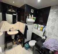 Bathroom in a 2-room apartment with a spacious toilet, sink, and washing machine.