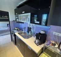 A kitchen in a 2-room apartment with black cabinets and purple tiles.