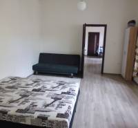 A bedroom in a 3-room apartment with a bed, sofa, and wooden decor flooring.