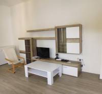 Living room in a 3-room apartment with a TV wall and wooden decor flooring.