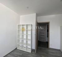 A room in a 2-room apartment with a shelving system and a floor with a wood decor.