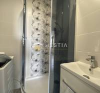 Bathroom in a 2-room apartment with a modern shower and a washing machine.