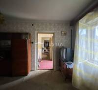 A room in a family house with retro furniture, an old television, a window with floral curtains.