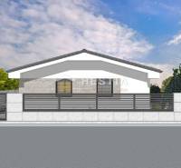 Bungalow with a fence, garden, and green lawn, Family house.