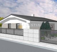 A family house with a sloped roof, an elegant fence, surrounded by greenery and a walkway.
