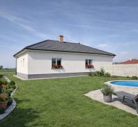 A family house in Zemianska Olča with a lawn, a swimming pool, and flower plantings on the property.