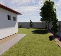 A garden at a family house in Zemianska Olča with a lawn and ornamental shrubs, surrounded by a fence.