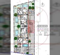 Floor plan of a family house in Nin with parking spaces and a swimming pool on the property.